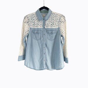 Anthropologie Postage Stamp Chambray Lace Shirt 2 Button-Down Denim Blue Cottage